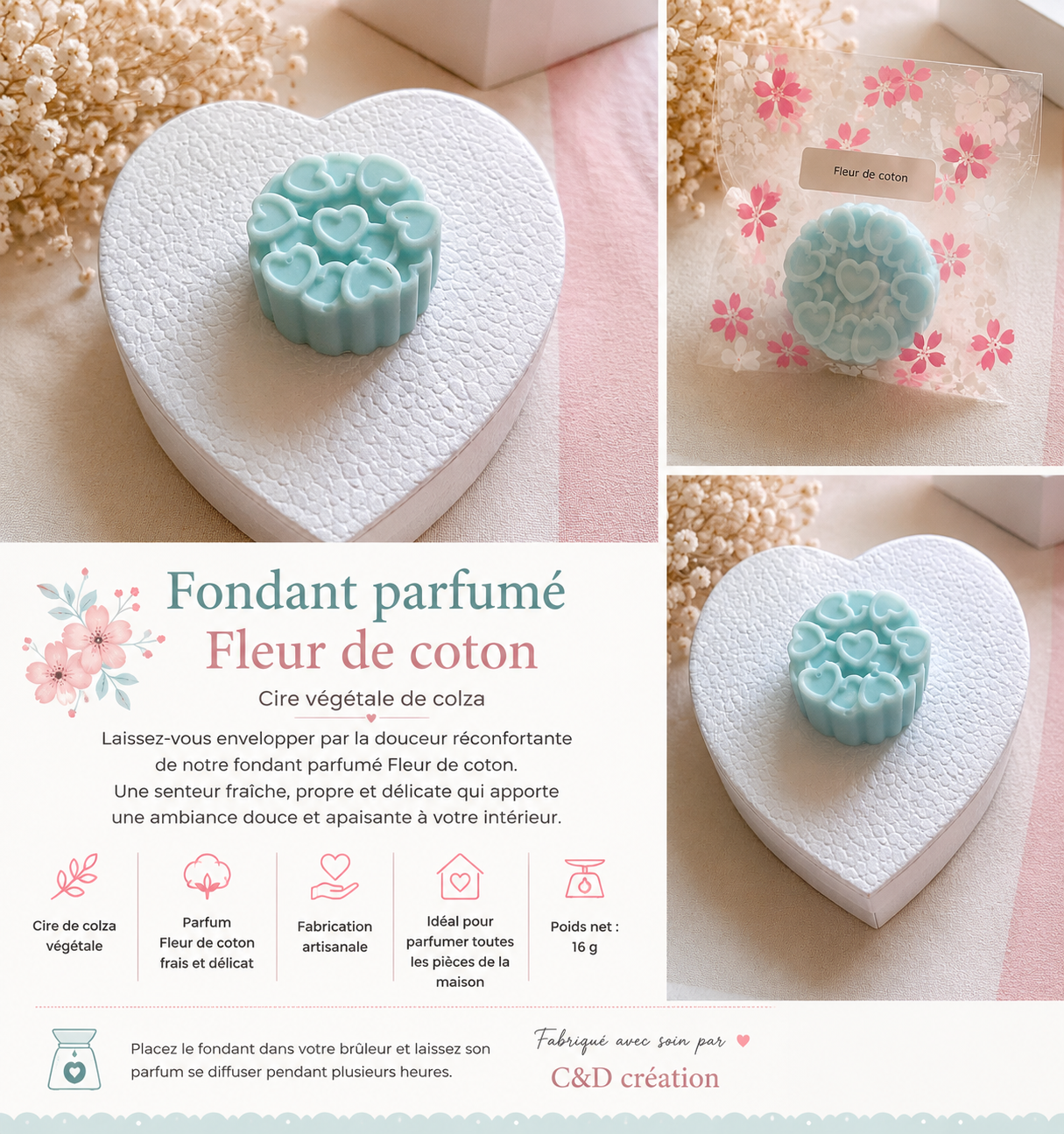 Fondant parfumé Fleur de Coton – Cœurs parfumés en cire de colza