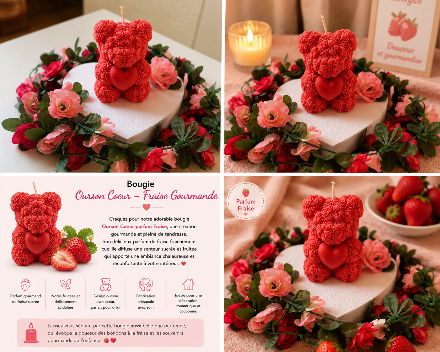 Bougie ourson cœur - fraise
